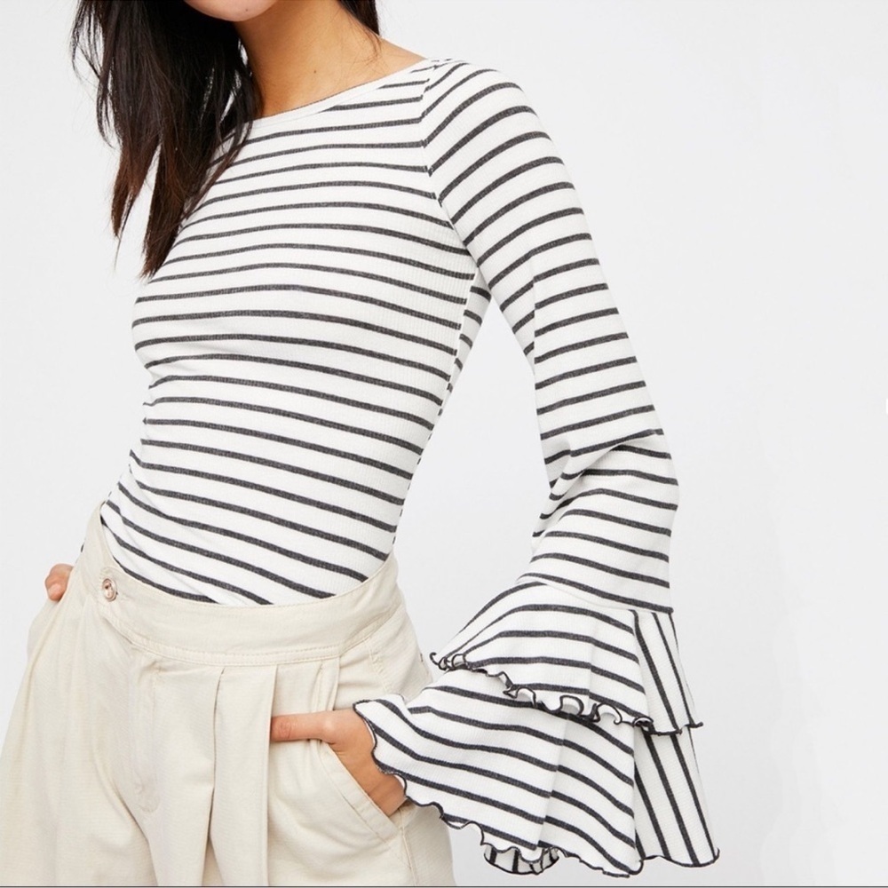 Free People We The Free Womens Good Find Top Ruffle Bell Sleeve Striped Size XS